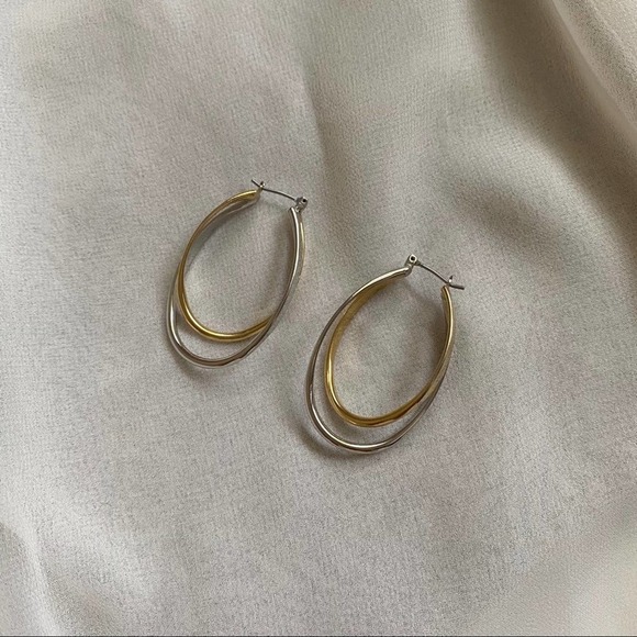 VTG Silver Gold Twist Oval Double Hoop Earrings - Picture 4 of 5